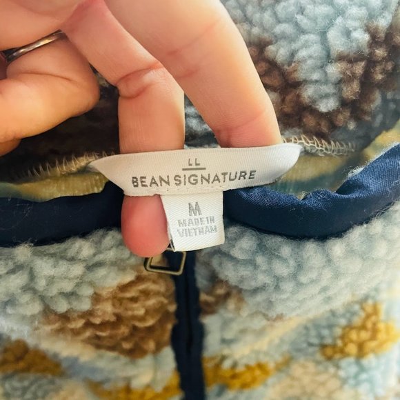 LL Bean Signature Sherpa Fleece Pullover 1/4 Zip Jacquard blue brown cream Mediu - Picture 6 of 11